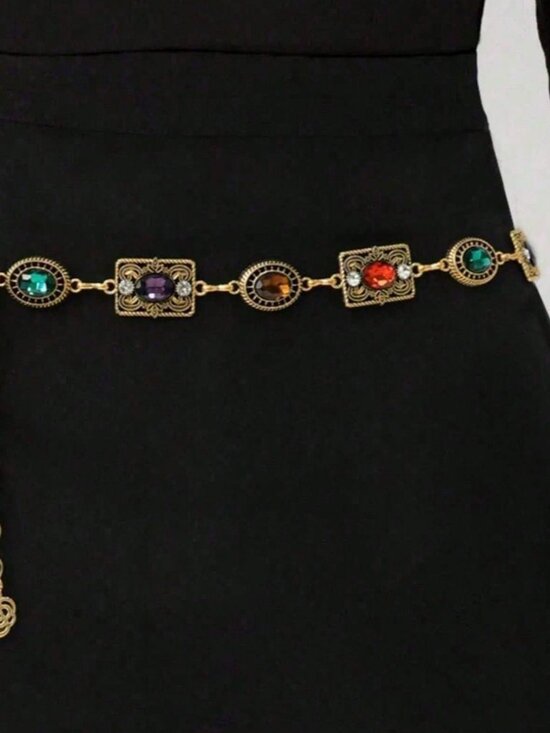 Gold Boho Women\'s Carved Waist Belt with Metal Chain